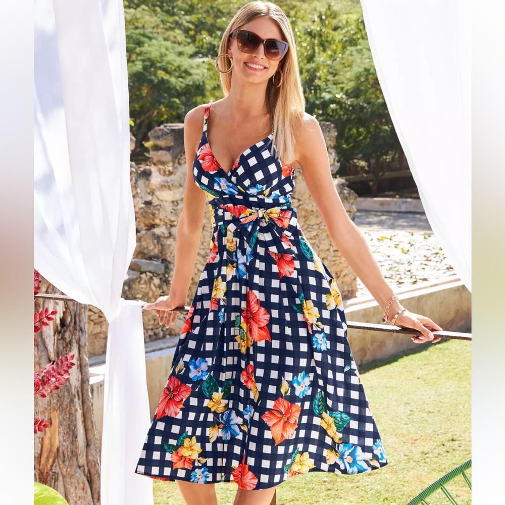 Boston Proper Floral Gingham Midi Swing Dress Navy Multi Womens 6 Coastal Party